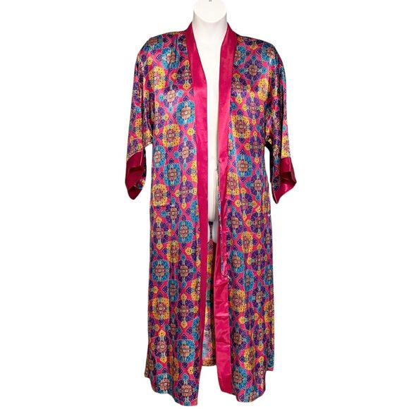 Vintage Delicates Satin Pajama Set Colorful Pink Paisley PJs & Robe Medium 12-14 - Picture 15 of 16